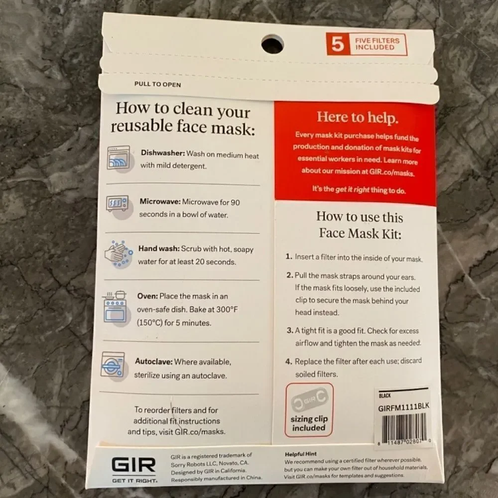 GIR Silicone Reusable Face Mask Kit L Black with 20 packs of 10 Filters NWT